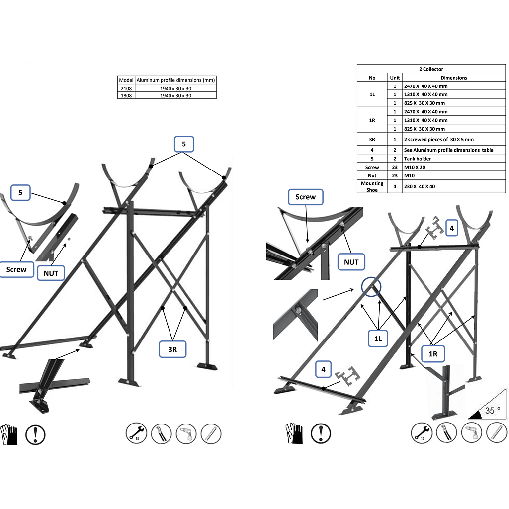 Flat Roof Mounting set pour GoSolar ECO 120L-200L Thermosiphon